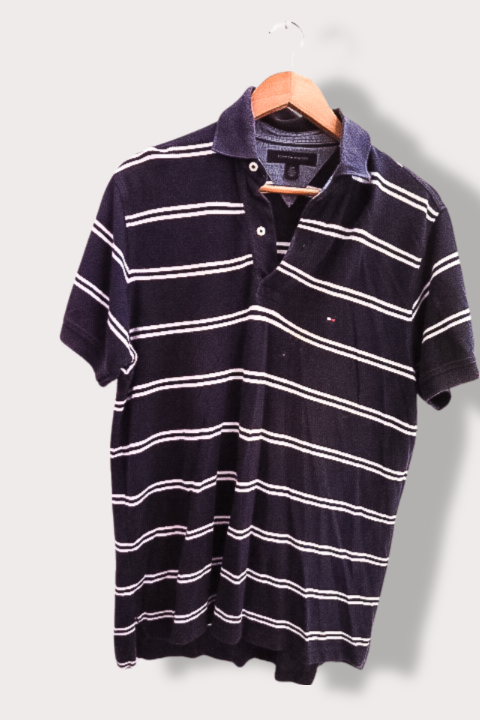 Vintage Tommt Hilfiger black stripe mens polo short sleeve shirt