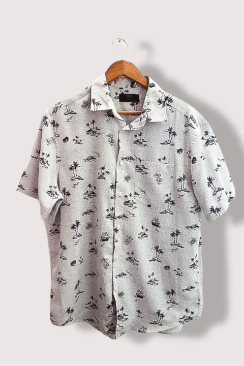 Vintage mark & spencer dessert island print hawaii short sleeve grey large shirt