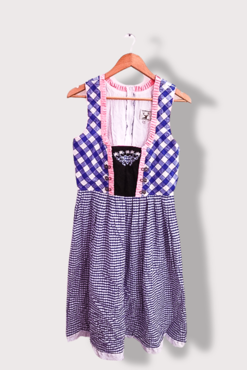 Vintage Blue Front Lace Trim Checkered Sleeveless Maxi Dress