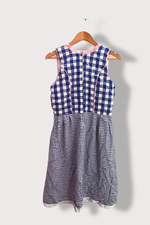 Vintage Blue Front Lace Trim Checkered Sleeveless Maxi Dress