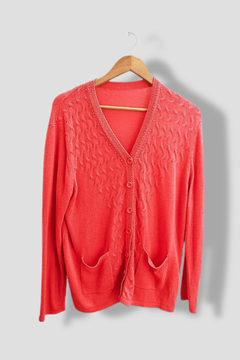 Vintage womens winter cable knit v-neck red sweater M