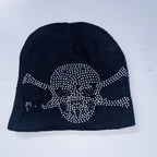 Vintage Black studded skull embroidery beanie winter hat
