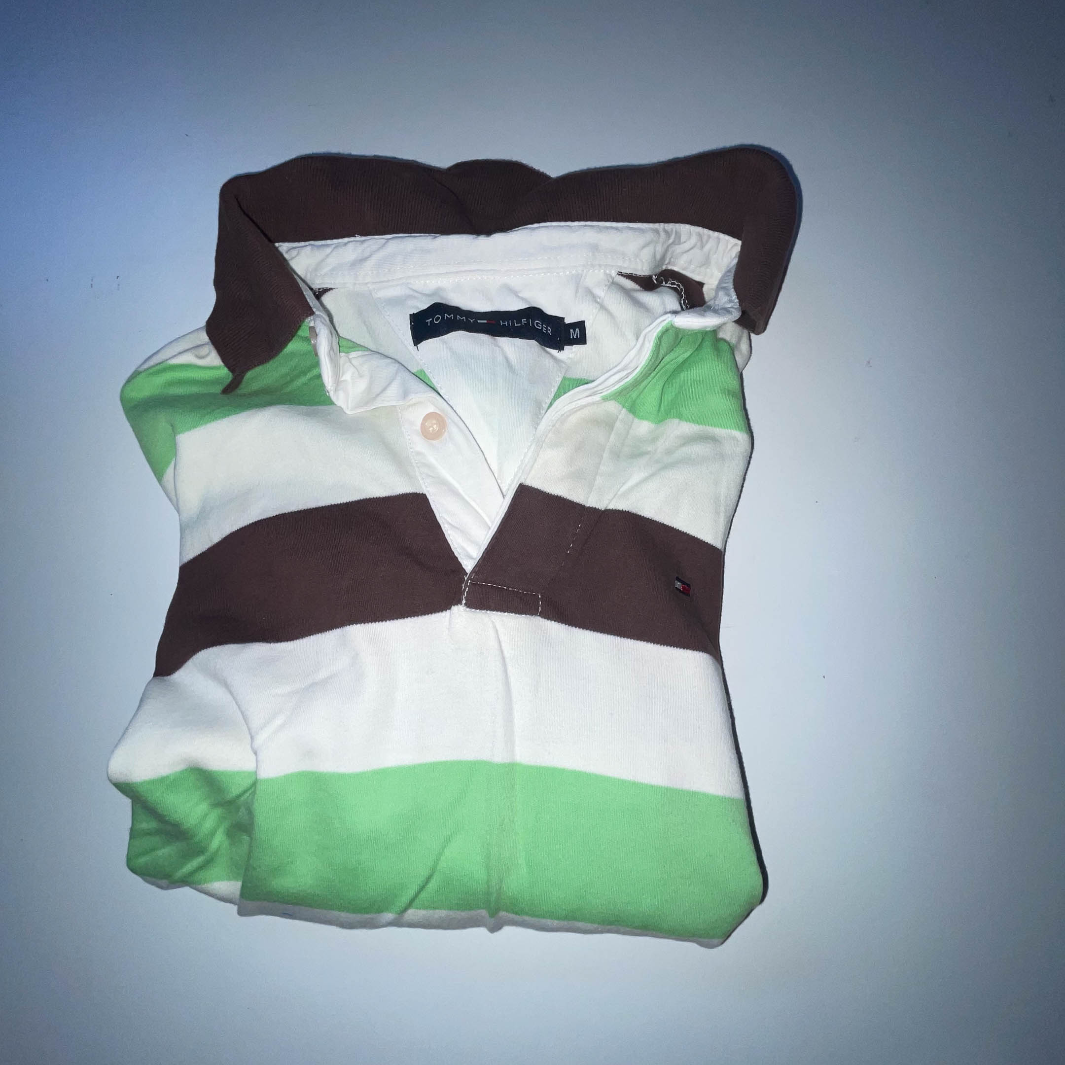 Vintage Tommy Hilfiger Cream Multistripe medium regular fit long sleeve polo shirt