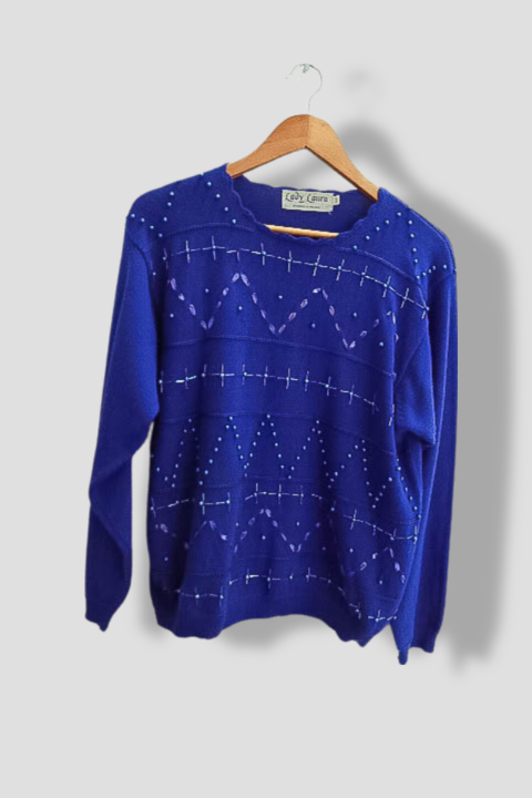 Vintage Lady Laura Studded pattern blue acrylic wool sweatshirt M/L