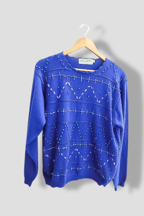 Vintage Lady Laura Studded pattern blue acrylic wool sweatshirt M/L