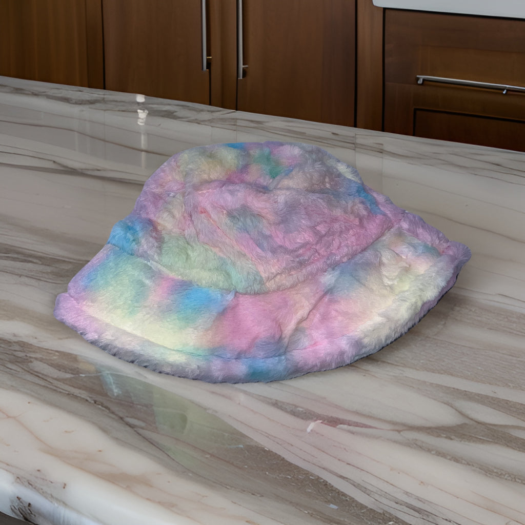Vintage womens winter faux fur rainbow bucket hat