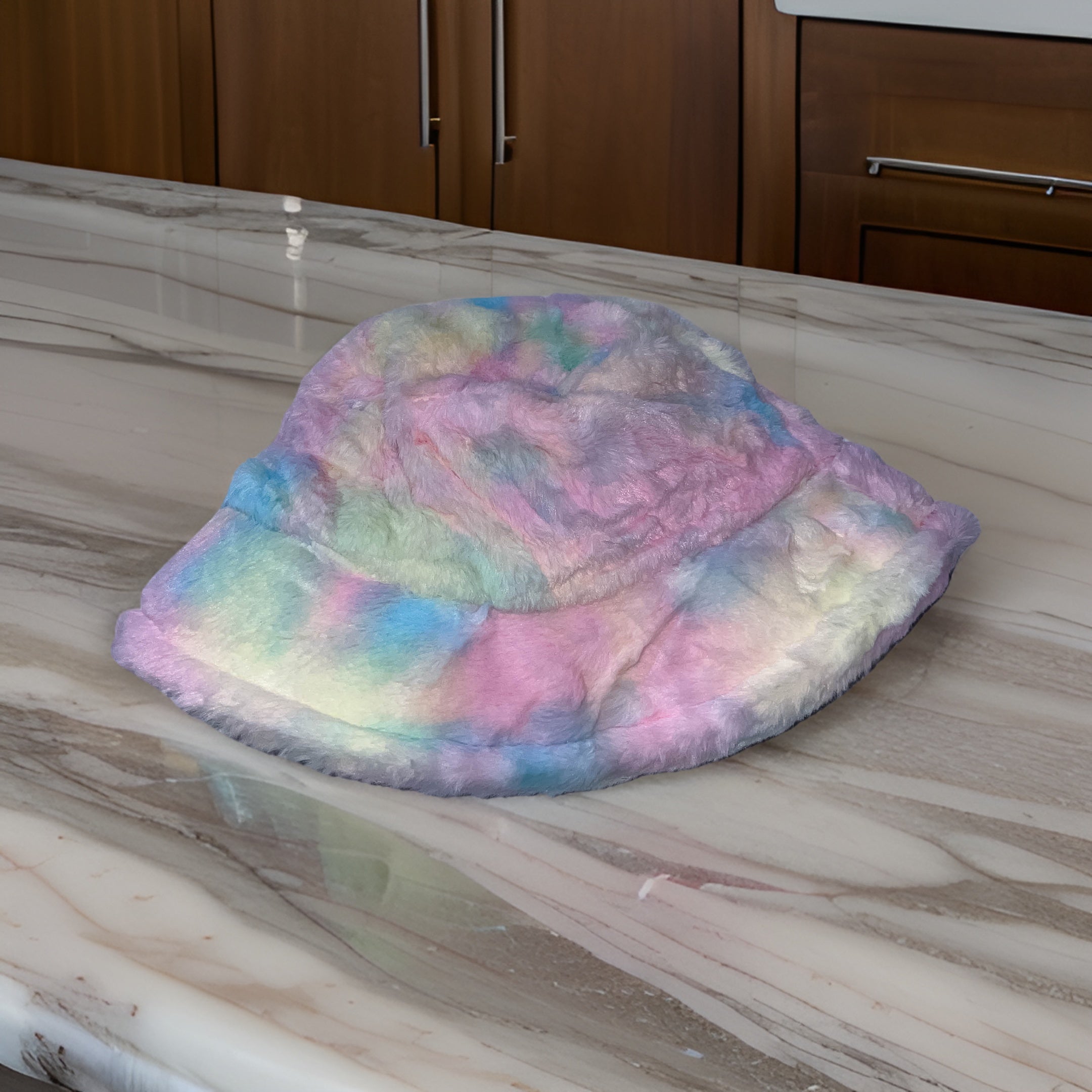 Vintage womens winter faux fur rainbow bucket hat