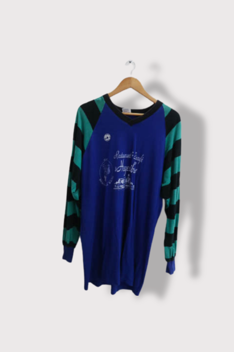 Vintage Graphics Blue Green stripped V-neck long sleeve sweatshirt