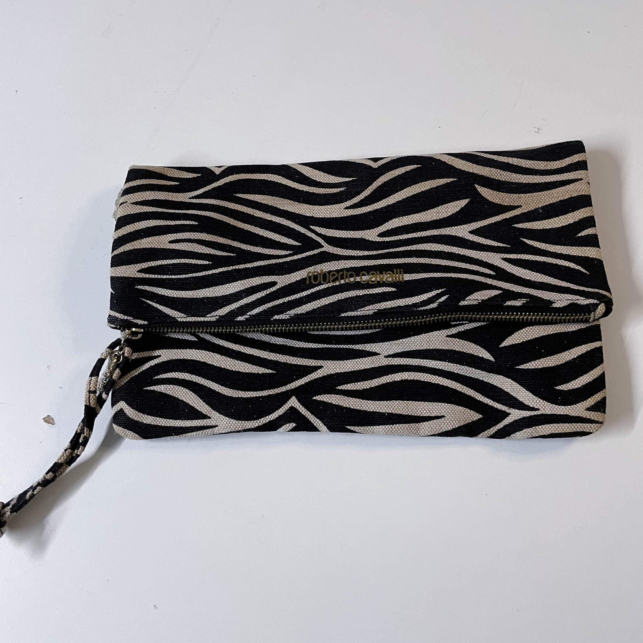 Vintage Roberto Cavalli Parfum Fold-Over Black & Beige Animal Print Clutch Bag