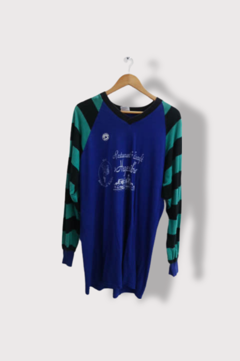 Vintage Graphics Blue Green stripped V-neck long sleeve sweatshirt