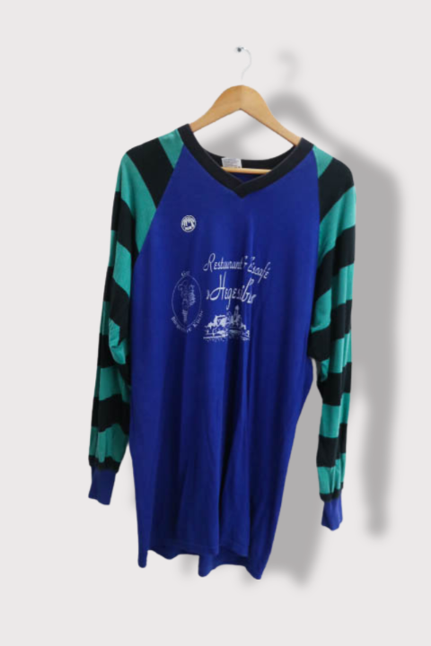Vintage Graphics Blue Green stripped V-neck long sleeve sweatshirt