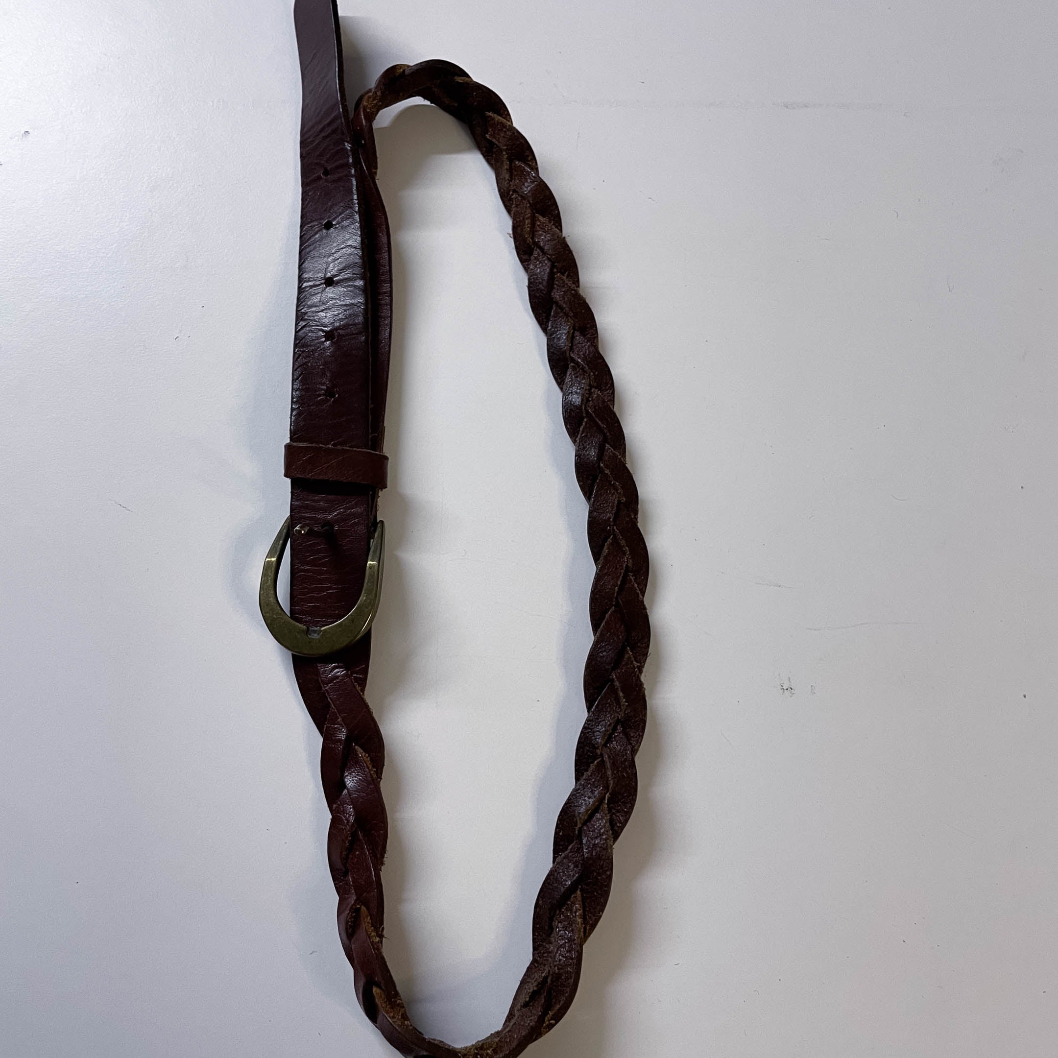 Vintage brown braided real leather buckle belt L 42