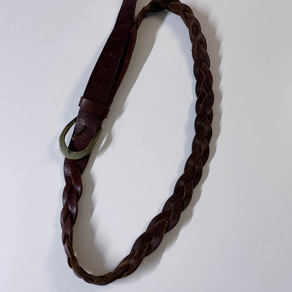 Vintage brown braided real leather buckle belt L 42