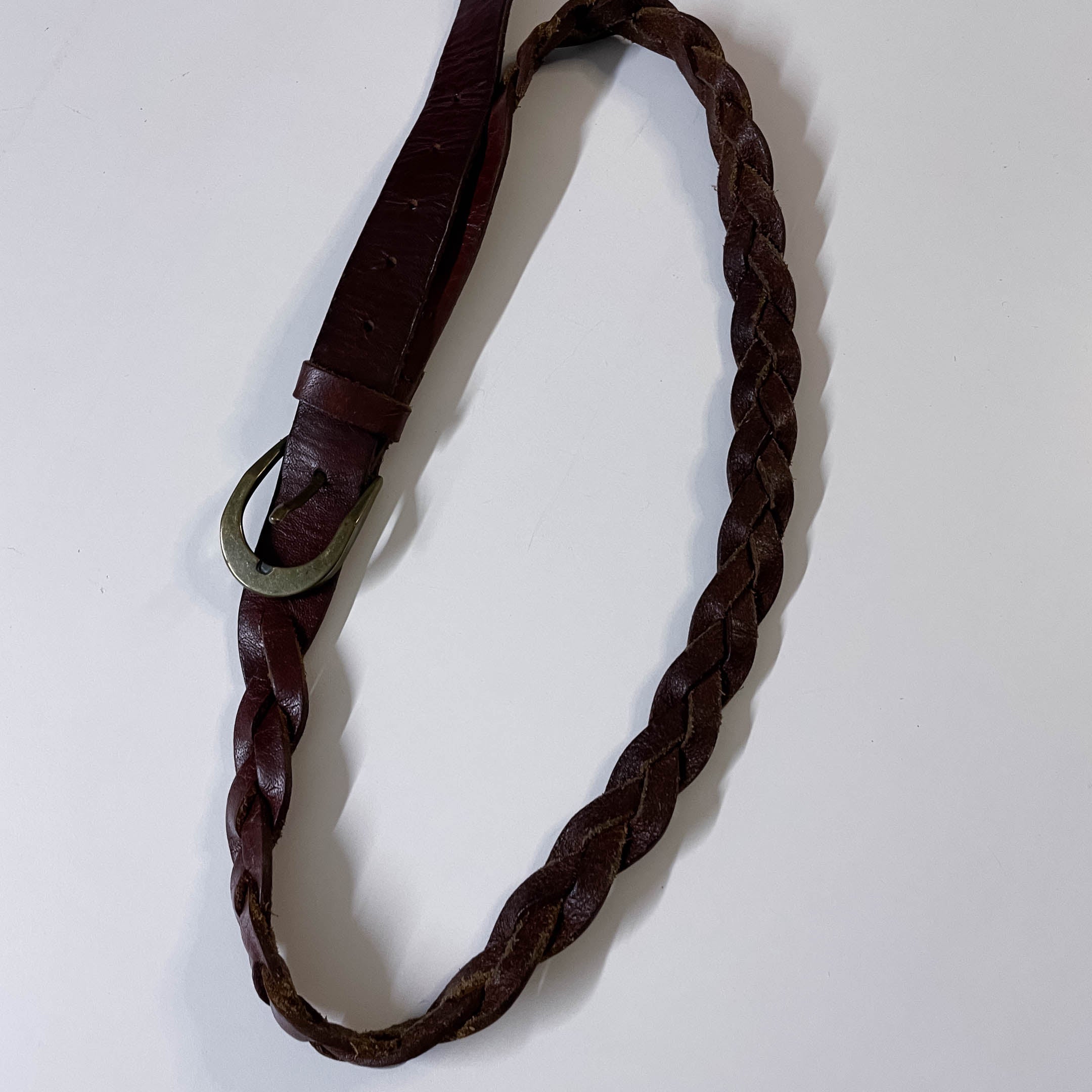 Vintage brown braided real leather buckle belt L 42