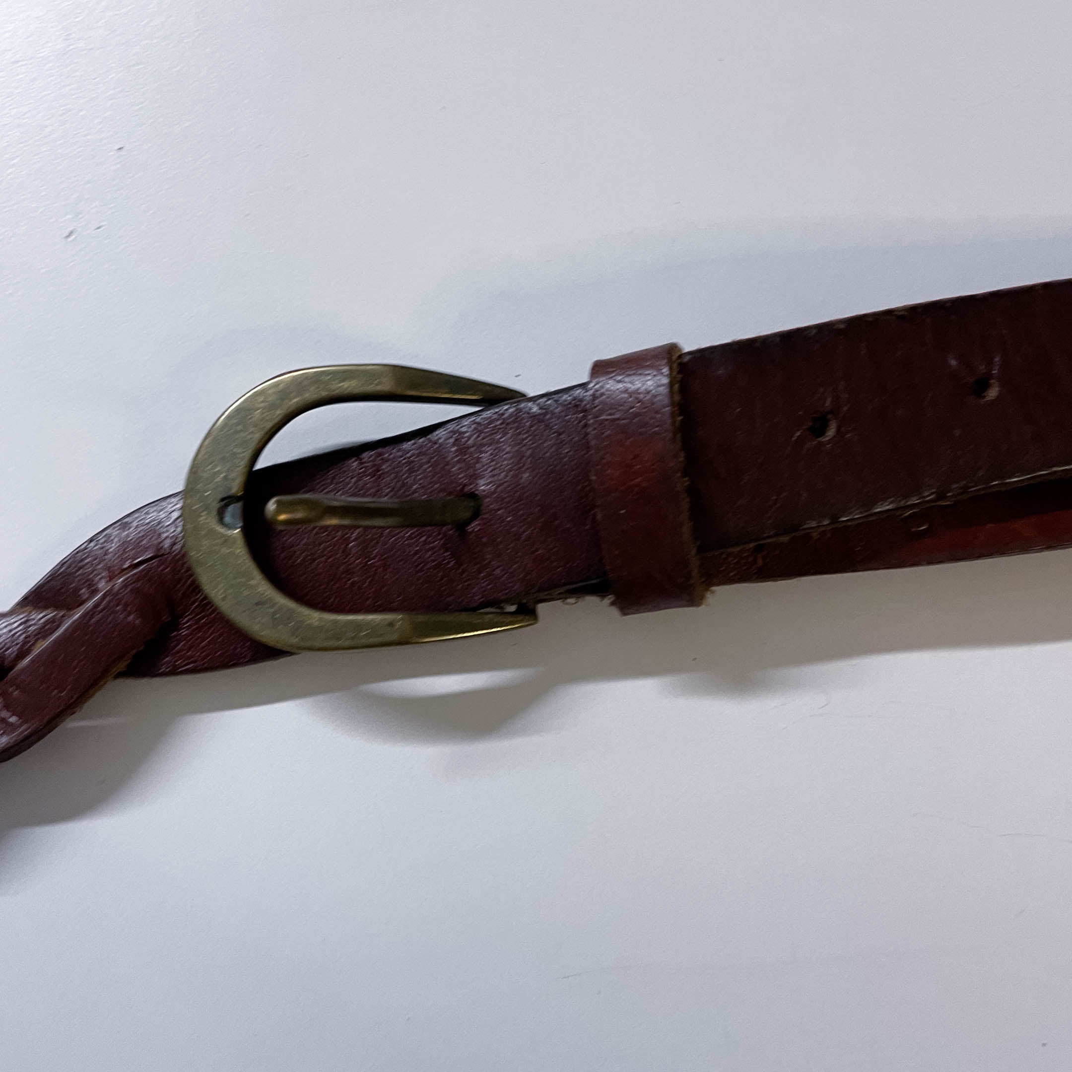 Vintage brown braided real leather buckle belt L 42