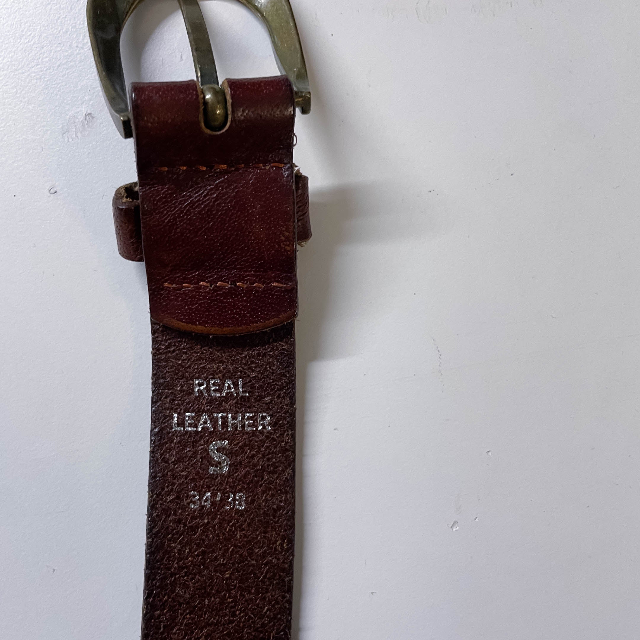 Vintage brown braided real leather buckle belt L 42