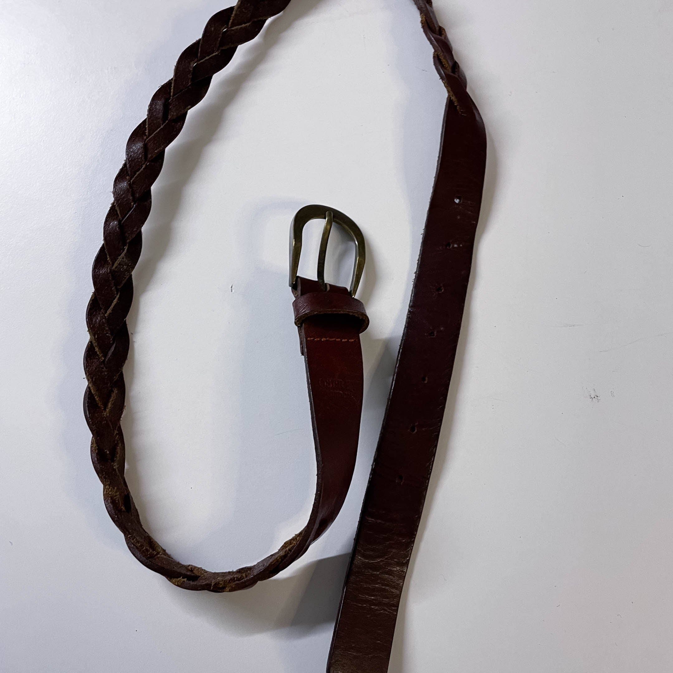 Vintage brown braided real leather buckle belt L 42
