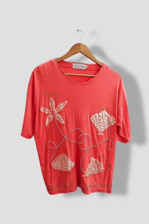 Vintage Red baroness womens embroidery print pink polyester cotton large blouse
