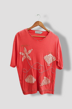 Vintage Red baroness womens embroidery print pink polyester cotton large blouse