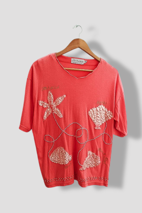 Vintage Red baroness womens embroidery print pink polyester cotton large blouse