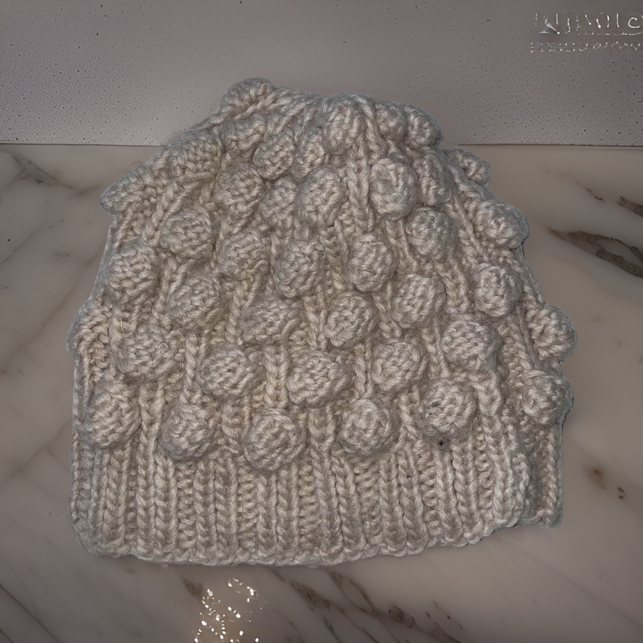 Vintage cream popcorn knit corchet beanie womens hat