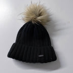 Tog24 winter fur knitted black detachable fur top beanie hat