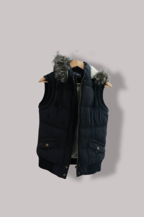 Vintage puffer vest fur sleeveless blue medium jacket