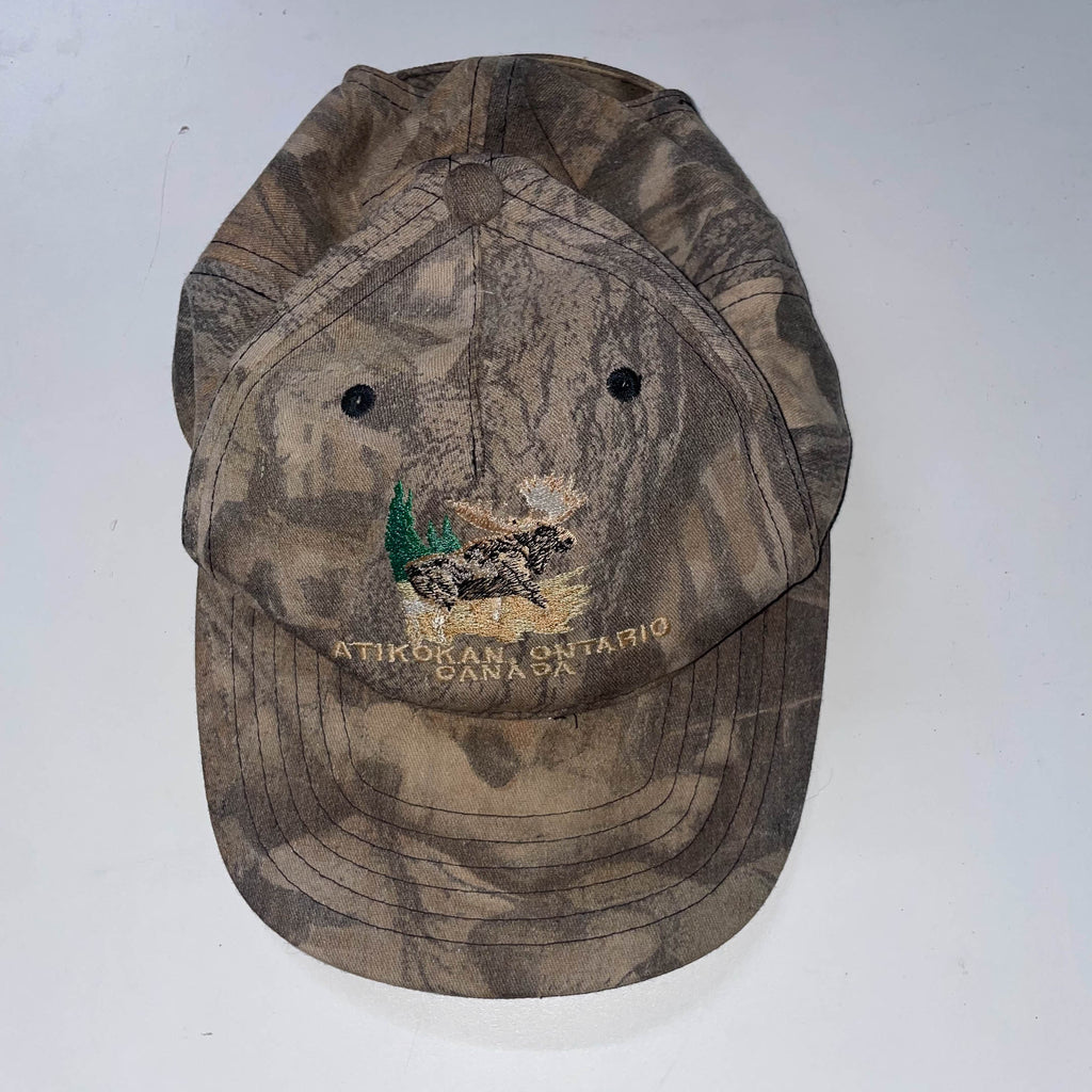 Vintage Atikokan Ontario Canada cream camo baseball cap