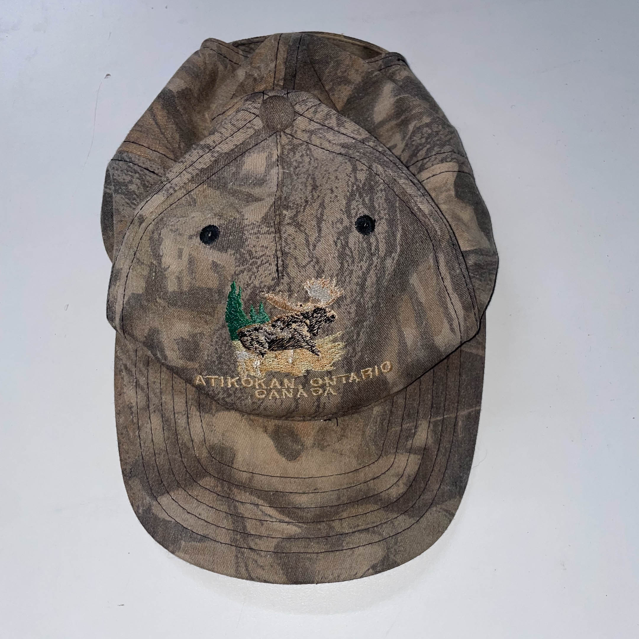 Vintage Atikokan Ontario Canada cream camo baseball cap