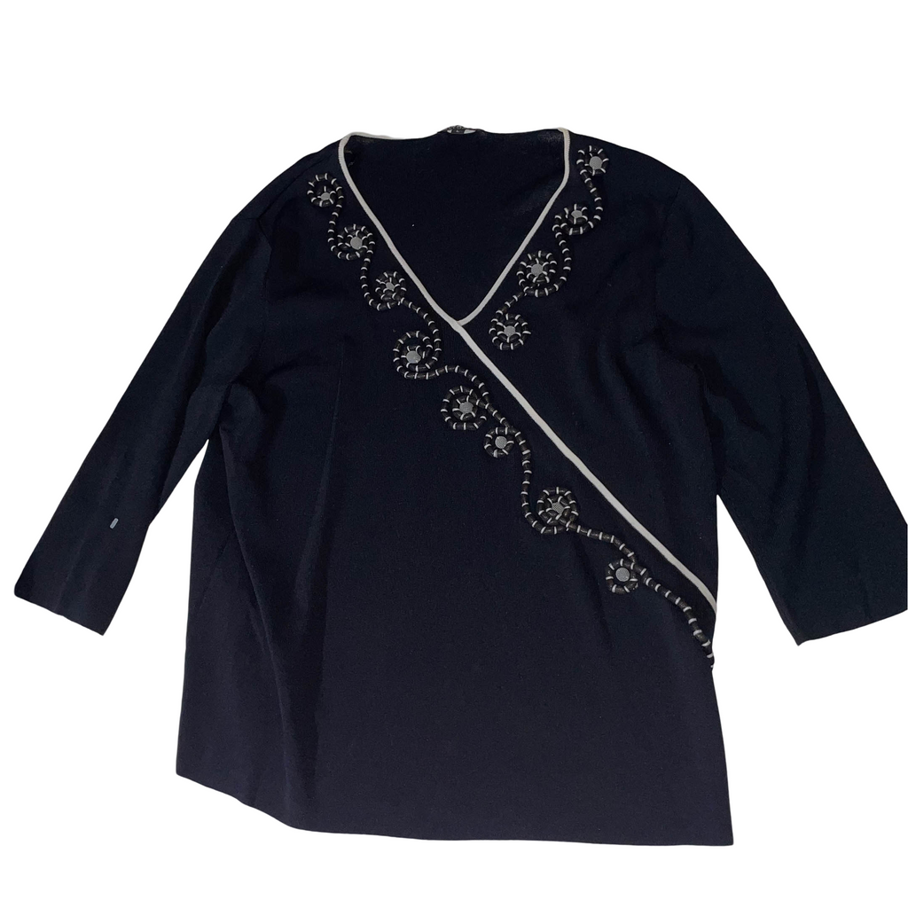 Vintage Casamia exclusive women's black V-neck embroidery blouse in L| SKU 3721