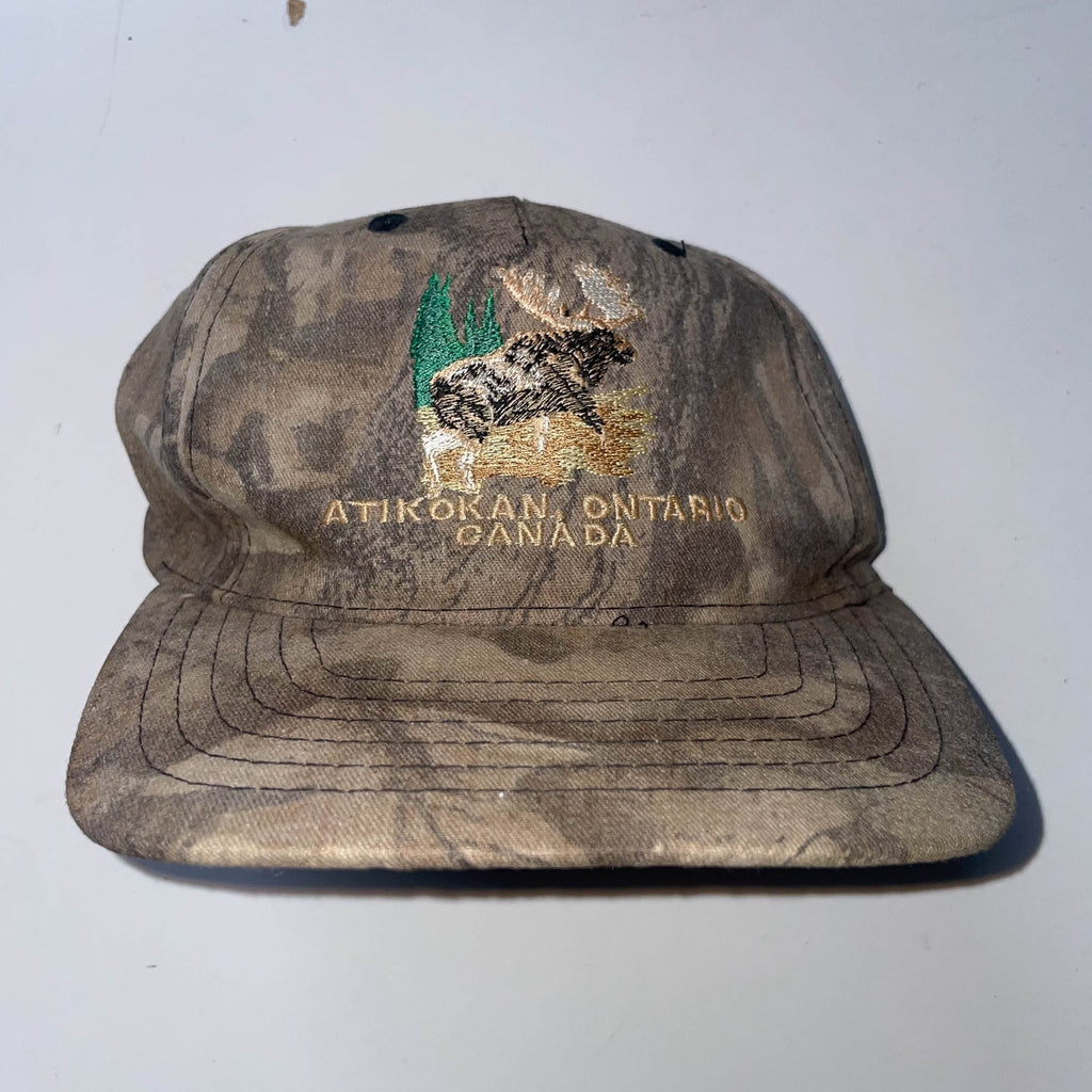 Vintage Atikokan Ontario Canada cream camo baseball cap