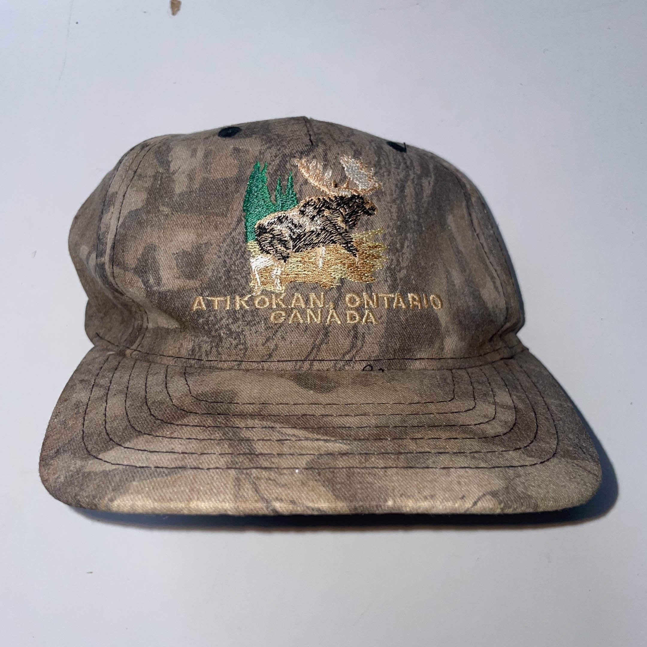 Vintage Atikokan Ontario Canada cream camo baseball cap