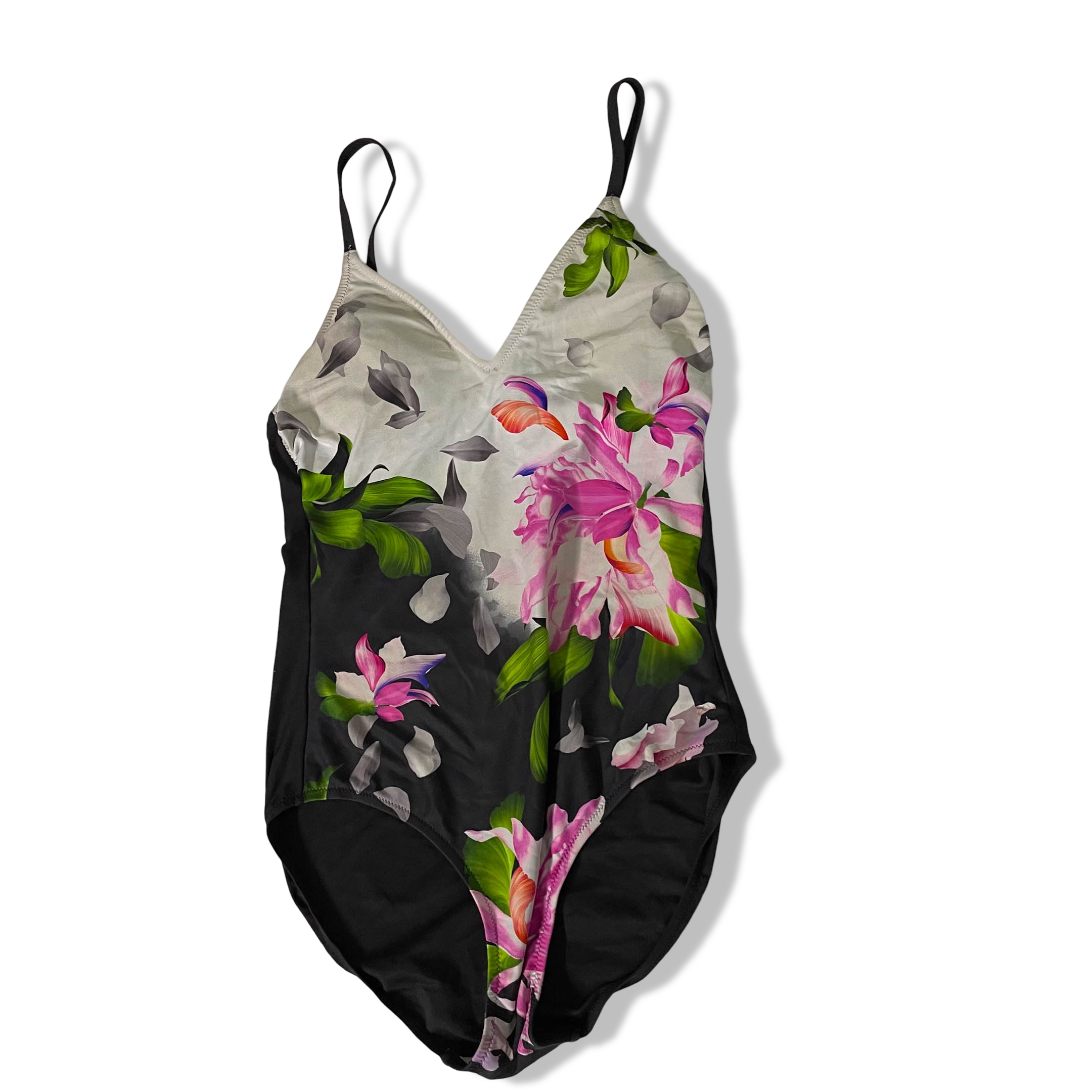 Vintage women's black floral tie strap swimsuit size 10 EU 38|L 25 W13 |SKU 3681