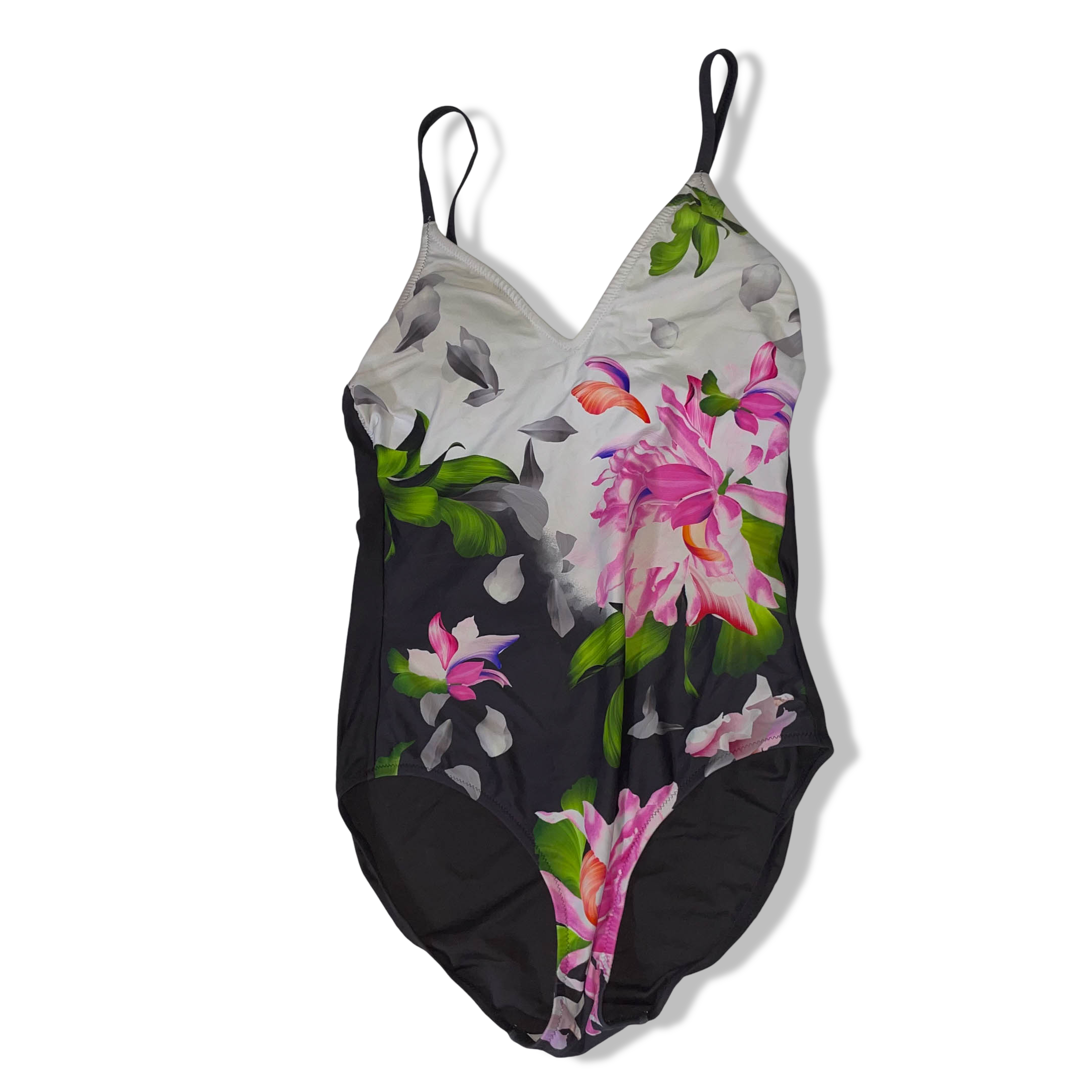 Vintage women's black floral tie strap swimsuit size 10 EU 38|L 25 W13 |SKU 3681