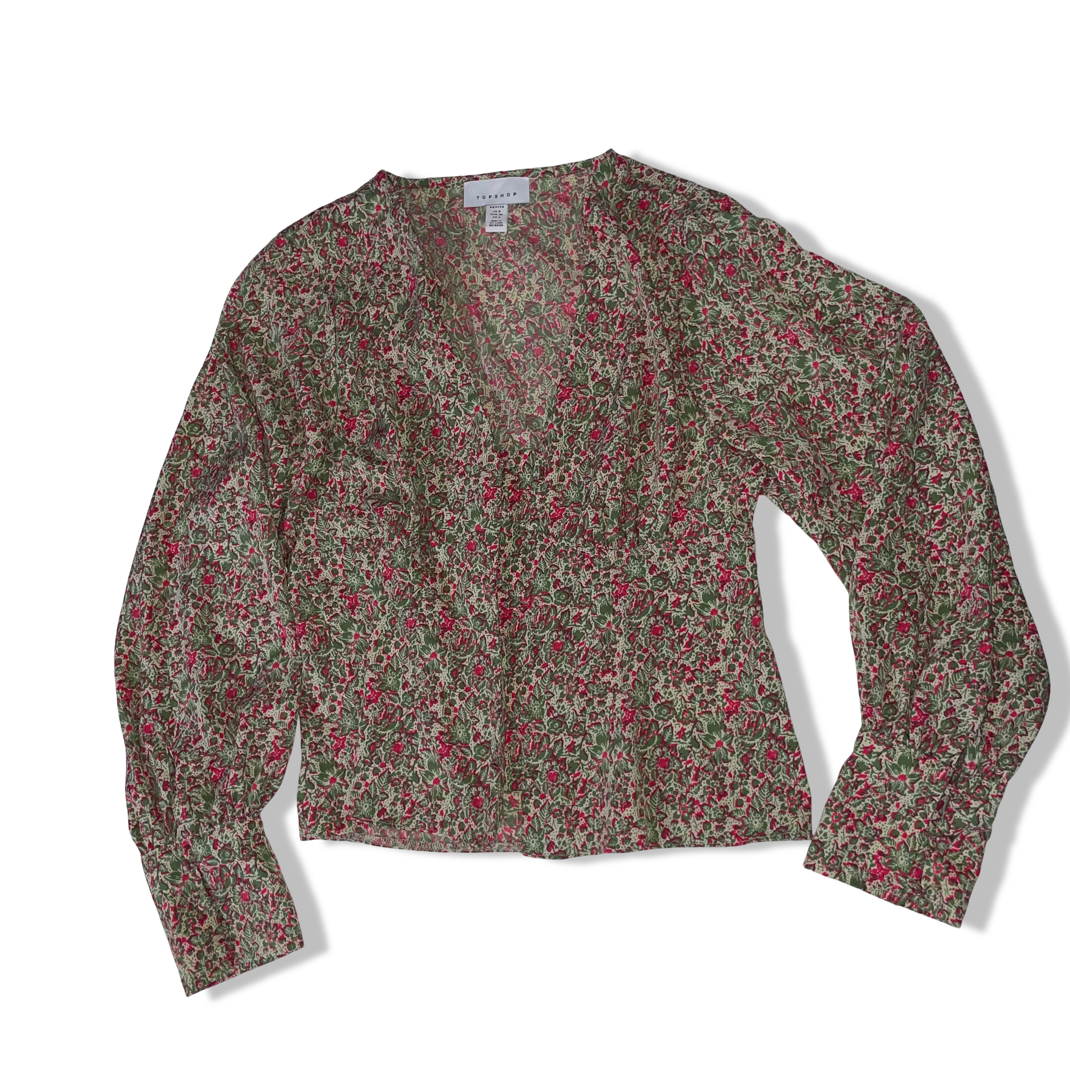 Topshop women's green & red floral long sleeve vneck blouse UK 8 EU 36| SKU 3684