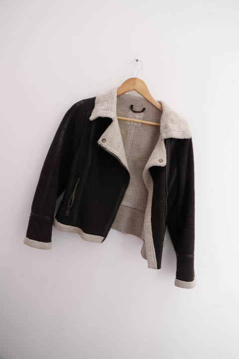 Vintage brown bikers faux fur womens jacket Xs