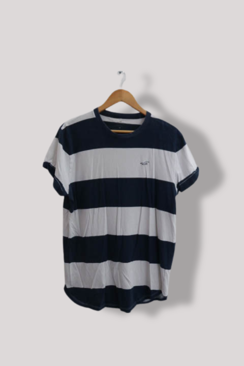Vintage Hollister Longline Block Stripe Crew Neck T-Shirt Seagull Logo in Navy/White