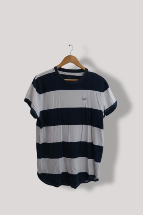 Vintage Hollister Longline Block Stripe Crew Neck T-Shirt Seagull Logo in Navy/White