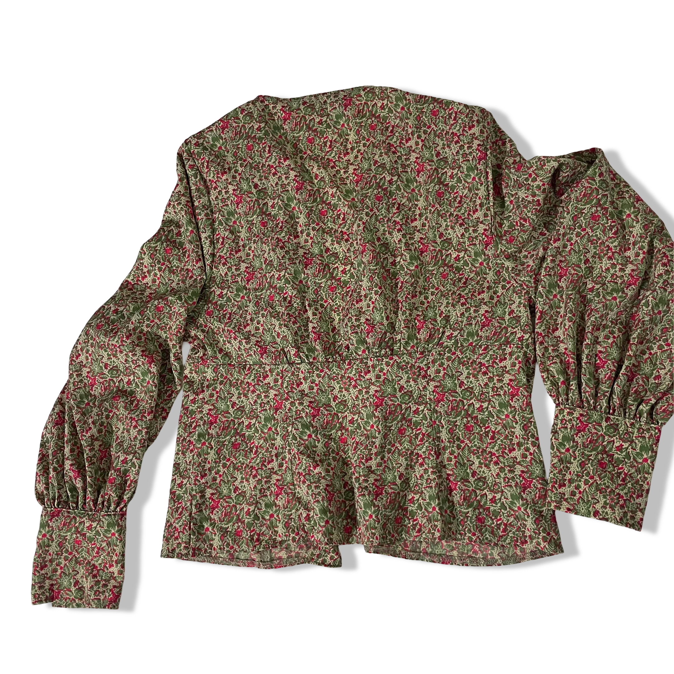 Vintage Topshop Women's Green Red Floral Long-Sleeve V-Neck