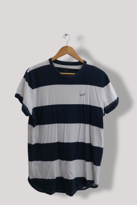 Vintage Hollister Longline Block Stripe Crew Neck T-Shirt Seagull Logo in Navy/White