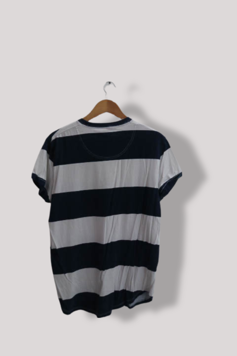Vintage Hollister Longline Block Stripe Crew Neck T-Shirt Seagull Logo in Navy/White