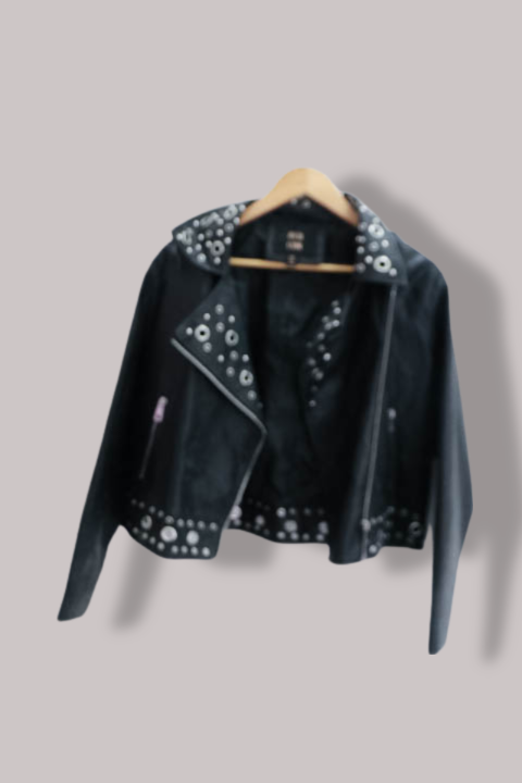 QEDLDN Black 80's studded womens leather bikers jacket Uk 14