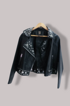 QEDLDN Black 80's studded womens leather bikers jacket Uk 14