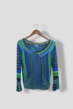 Vintage Karen Millen Women's Green Blue Striped Viscose Medium Blouse