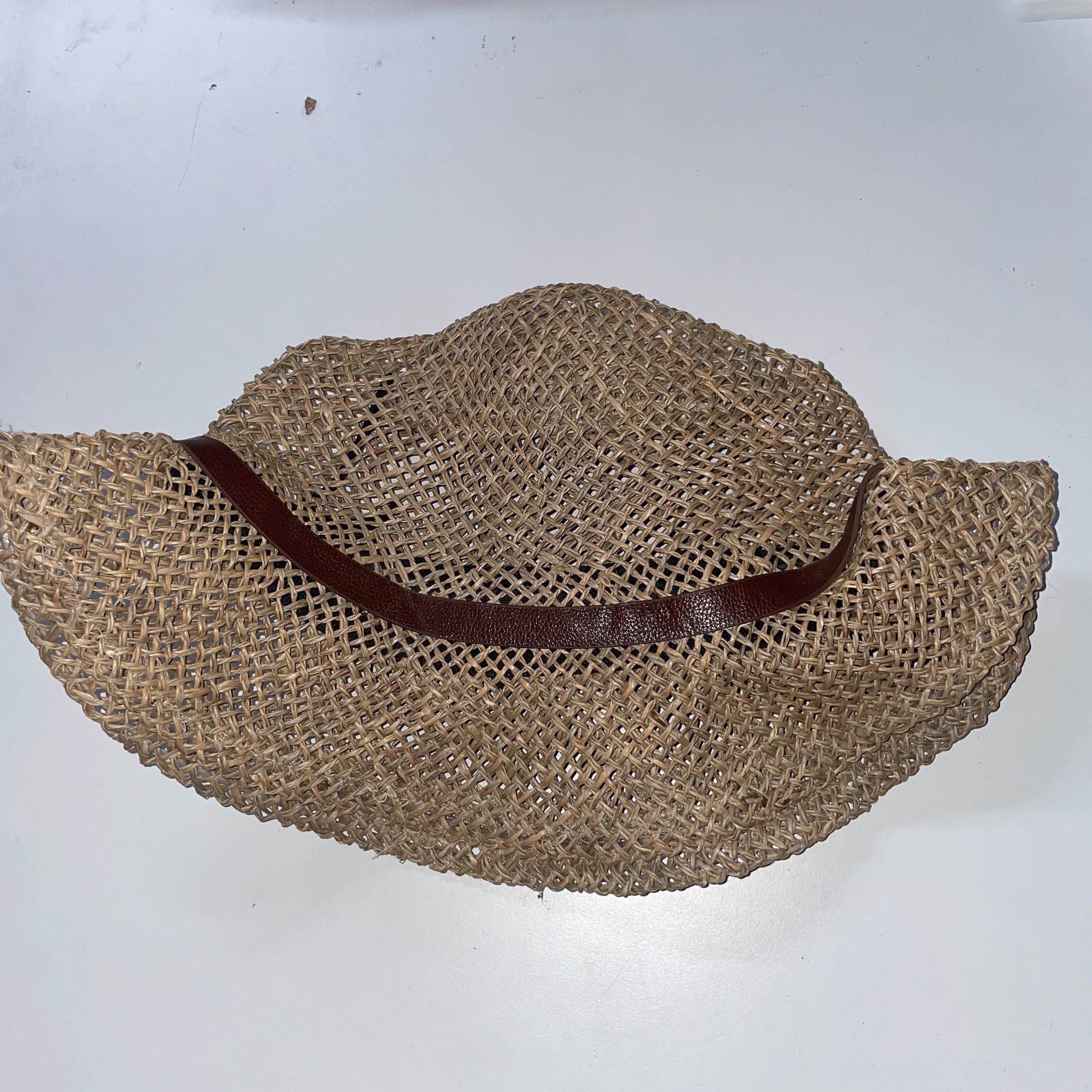 Vintage cream summer crochet raffia straw hat