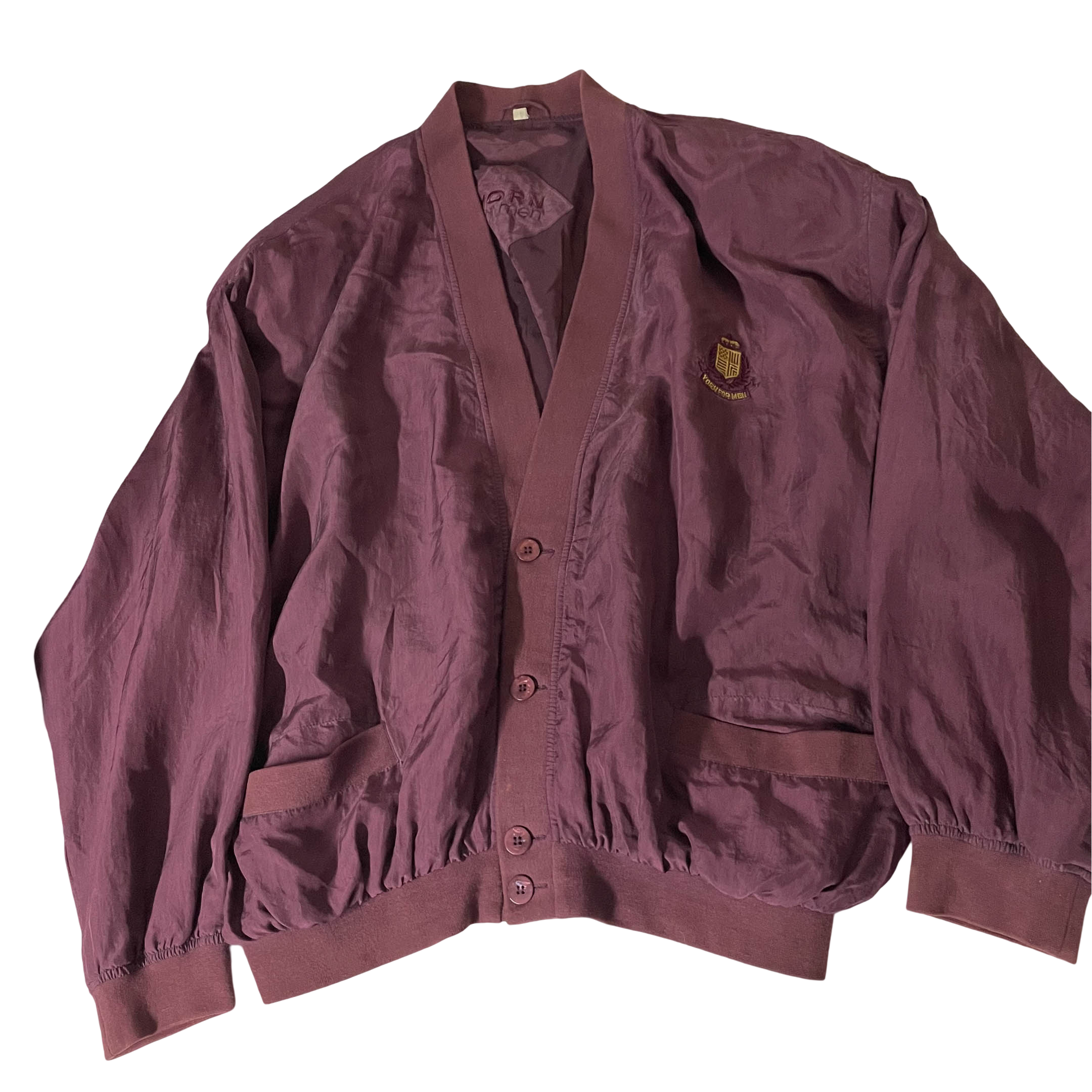 Vintage Yorn Men's Wine Nylon V-Neck Button-Up Large Bomber Jacket