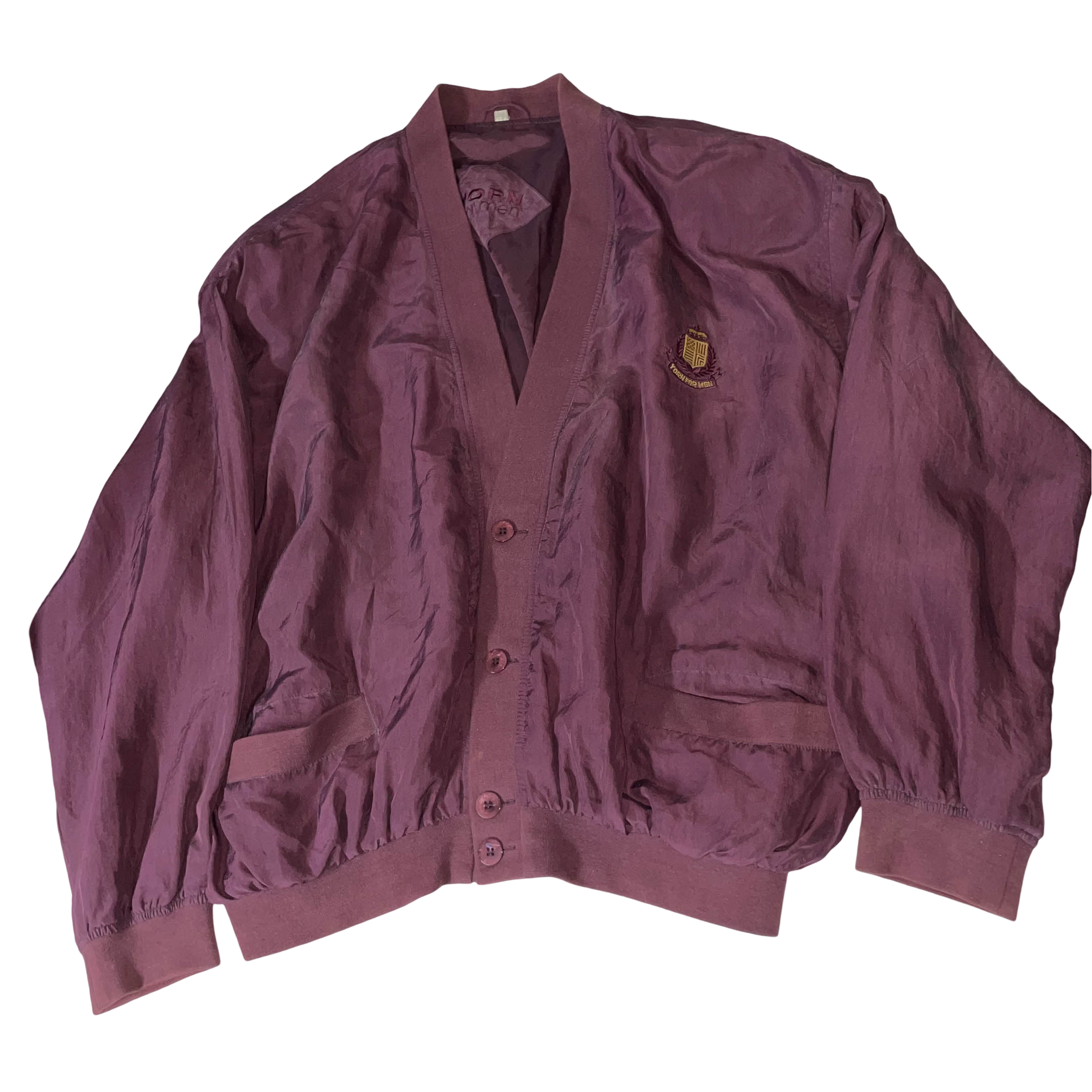 Vintage Yorn Men's Wine Nylon V-Neck Button-Up Large Bomber Jacket