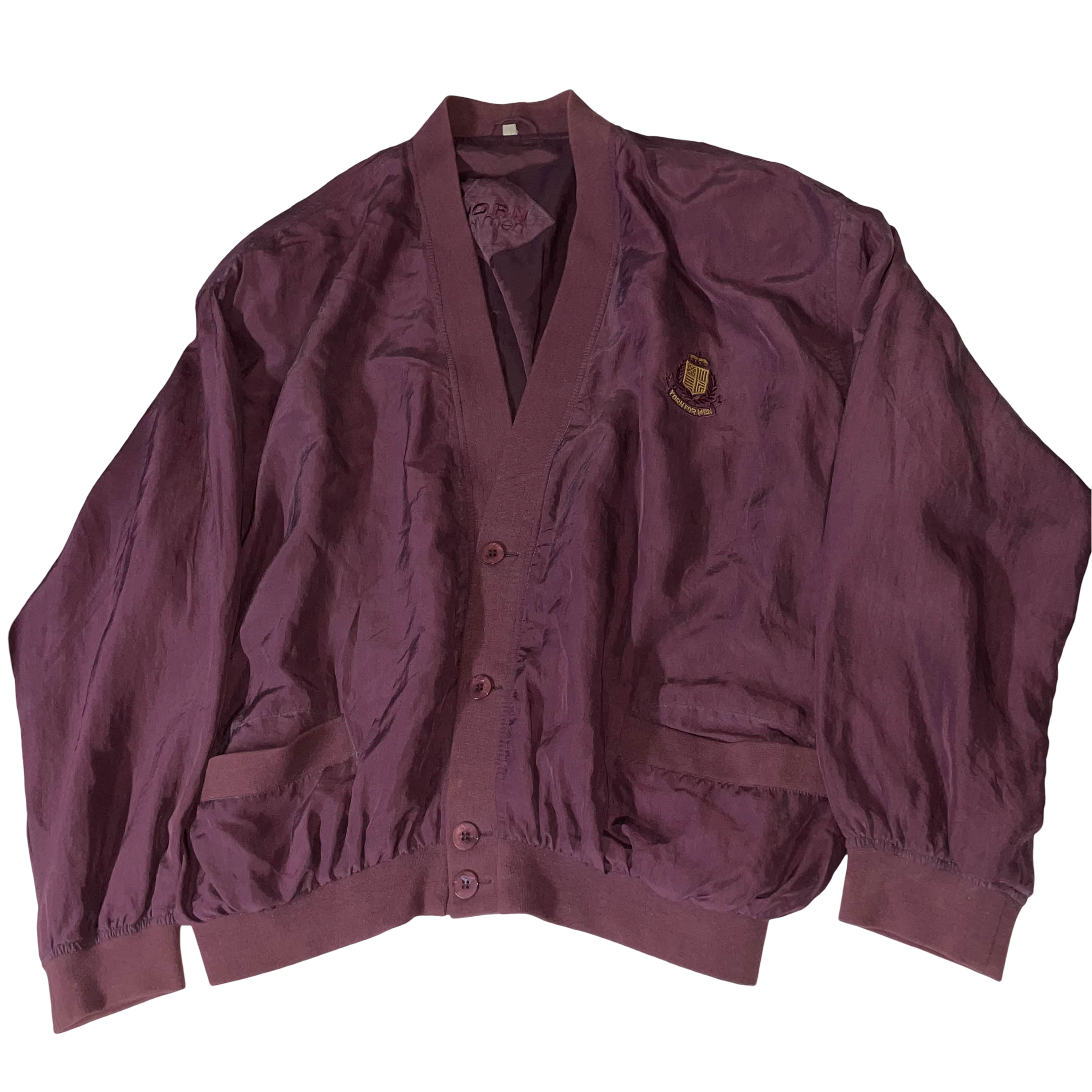 Vintage Yorn Men's Wine Nylon V-Neck Button-Up Large Bomber Jacket