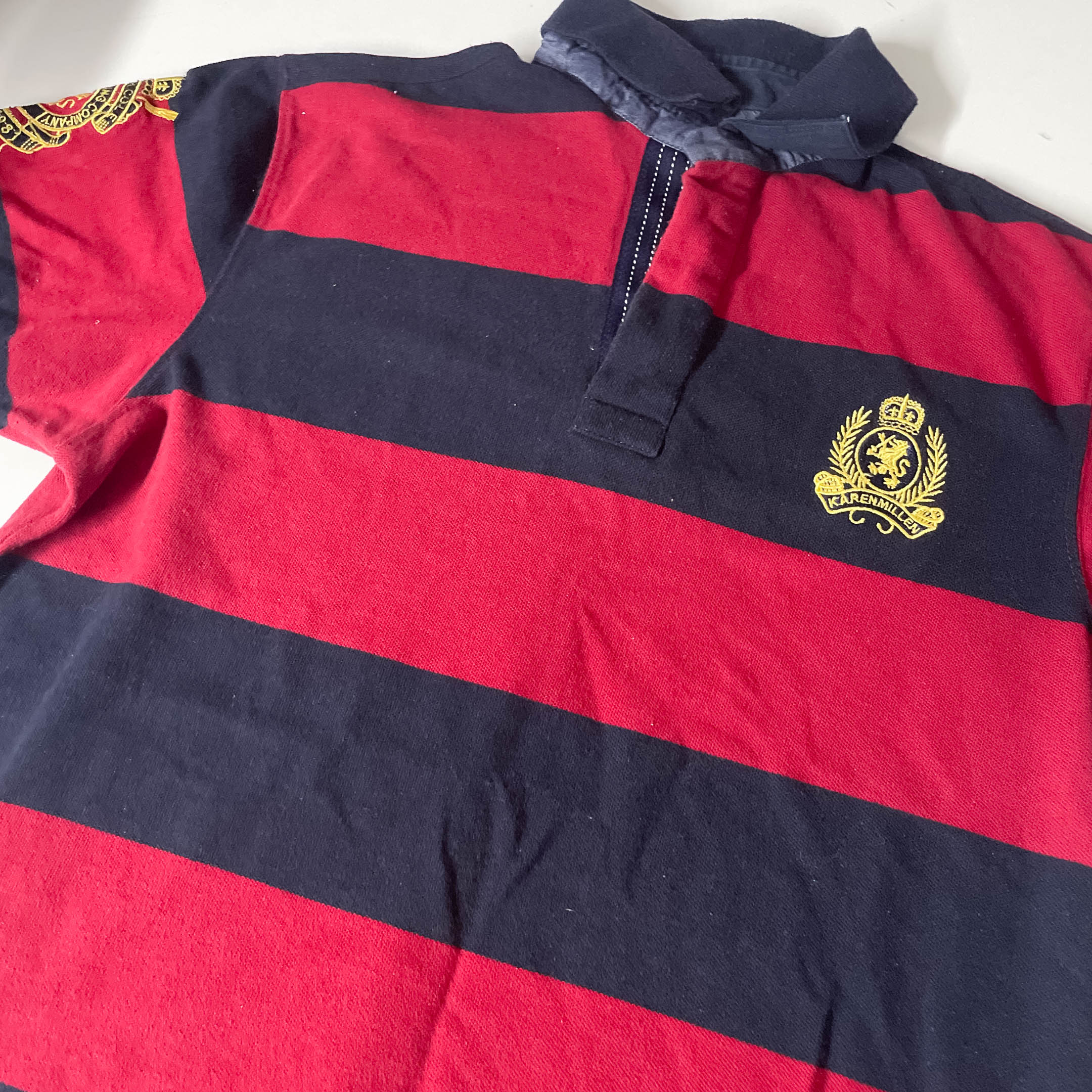 Vintage Karen Millen blue and red multi stripe polo shirt XL