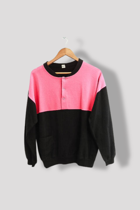 Vintage black pink colorblock 1/4 botton up crew neck sweatshirt